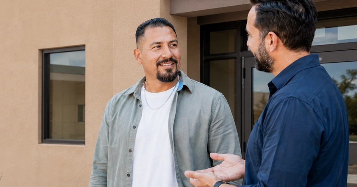 A man receiving guidance outside a New Mexico public services building while seeking addiction treatment after incarceration.