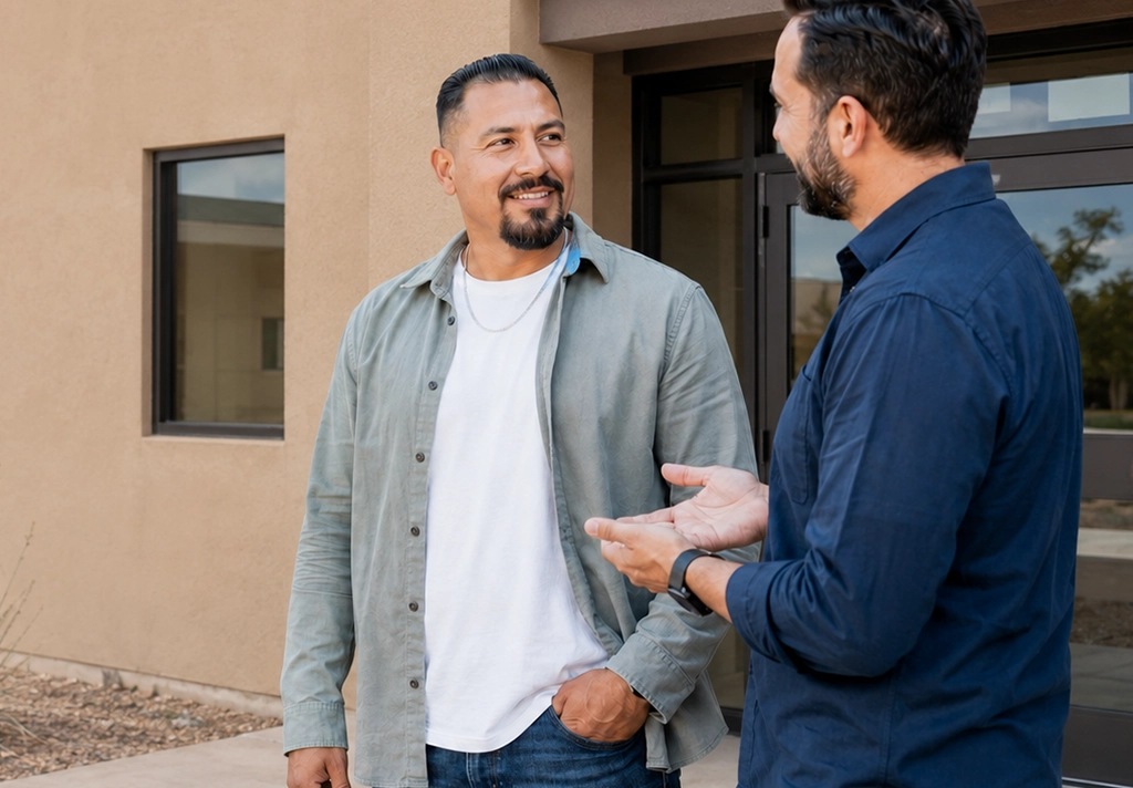 A man receiving guidance outside a New Mexico public services building while seeking addiction treatment after incarceration.