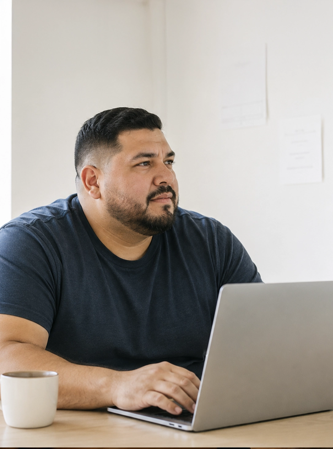 Adult Hispanic man reviewing insurance information online before beginning addiction treatment at Anchor Behavioral Health in New Mexico.