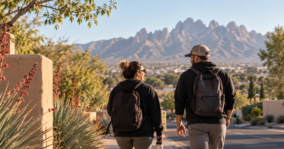 Two people walking in Las Cruces with the Organ Mountains in the background