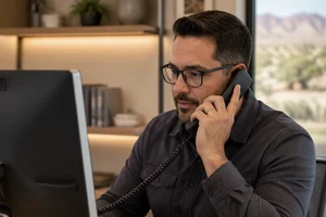 Anchor Behavioral Health admissions specialist verifying insurance benefits by phone for addiction and mental health treatment in New Mexico.